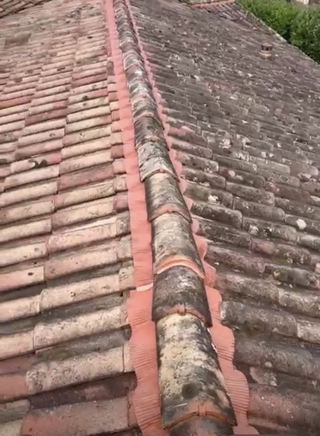 Toiture à Arès en cours de démoussage : versant gauche nettoyé, versant droit encore couvert de mousse