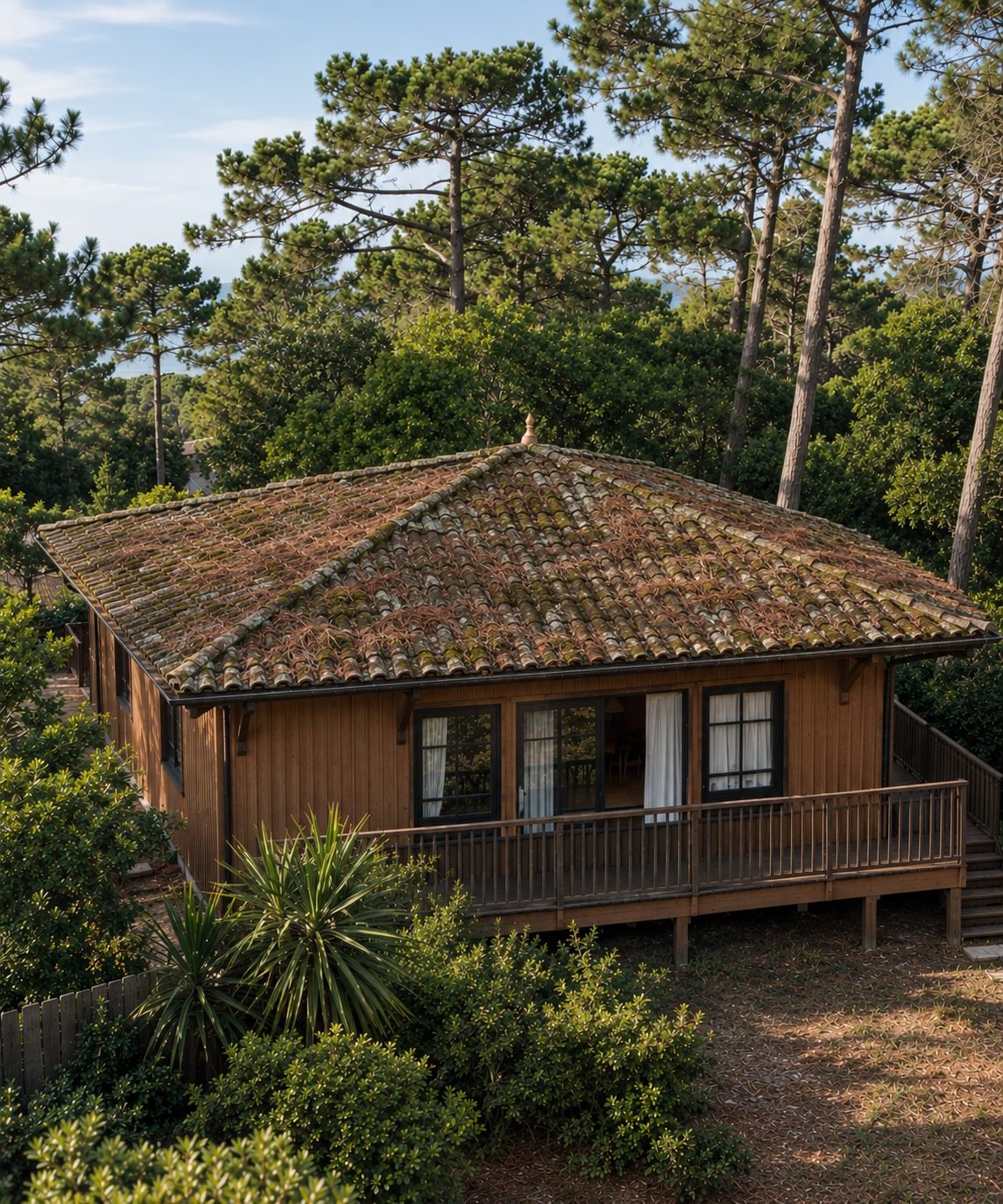 Villa en bois sous les pins, toiture en tuiles canal couverte de mousse et d'aiguilles